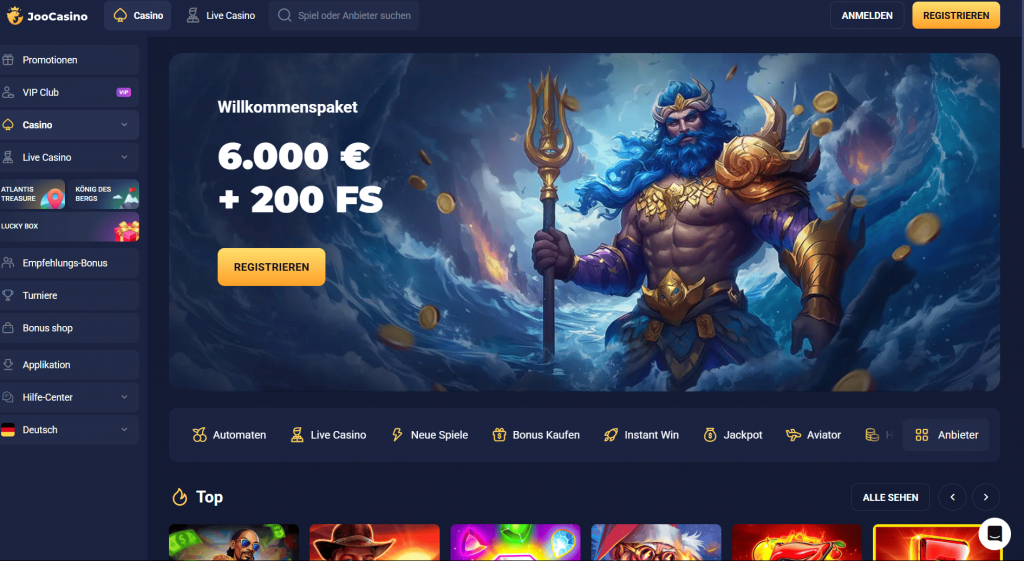 Joo Casino Startseite mit Spielen und Boni
